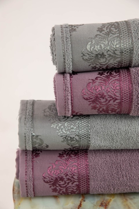 Favora Velora Deluxe %100 Pamuk Bornoz Seti - Mürdüm - Antrasit