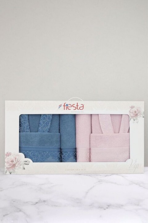 Fiesta Pamuklu Jakarlı Aile Bornoz Seti - Lacivert - Pembe
