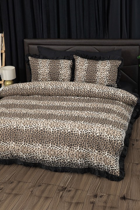 Fırfırlı Leopar Desenli Lastikli Çarşaflı Çift Kişilik Nevresim Takımı
