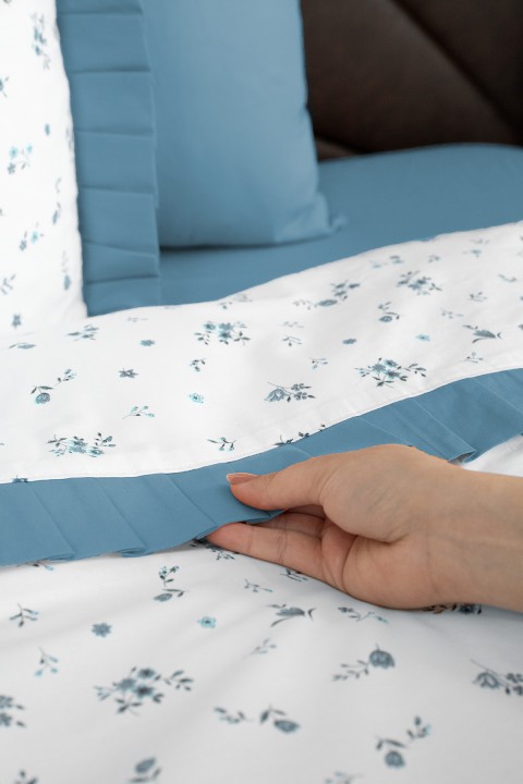 Floria Premium %100 Pamuk Fırfırlı Çift Kişilik Nevresim Takımı - Mavi