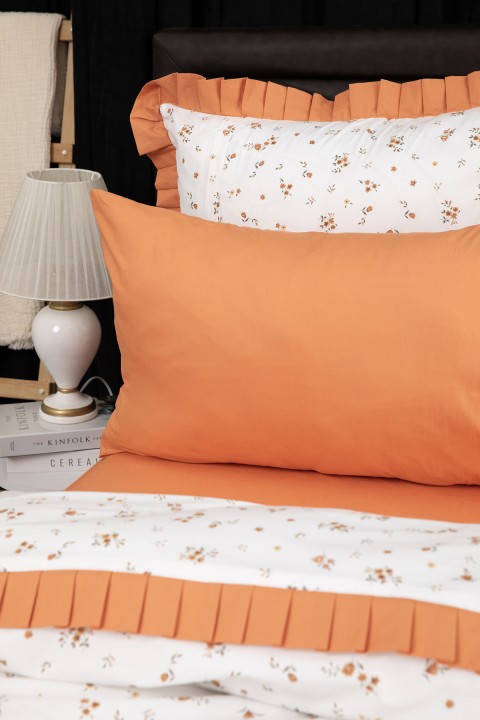 Floria Premium %100 Pamuk Fırfırlı Çift Kişilik Nevresim Takımı - Turuncu