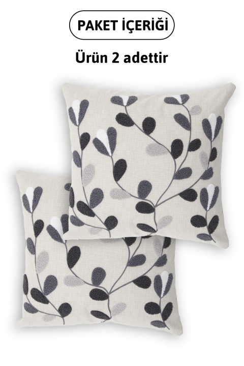 Flower Keten Punch Nakışlı 2'li Kırlent Kılıfı 42x42 - Antrasit
