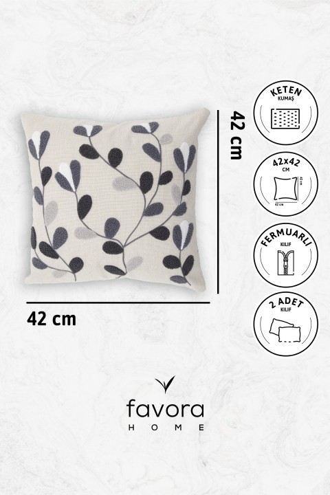 Flower Keten Punch Nakışlı 2'li Kırlent Kılıfı 42x42 - Antrasit