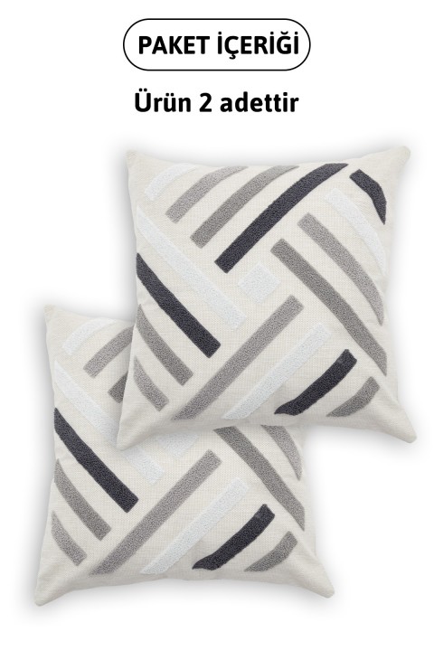Geometrik Keten Punch Nakışlı 2'li Kırlent Kılıfı 42x42 - Gri