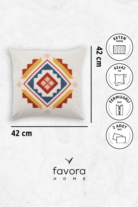 Geometrik Keten Punch Nakışlı 2'li Kırlent Kılıfı 42x42 - Kiremit