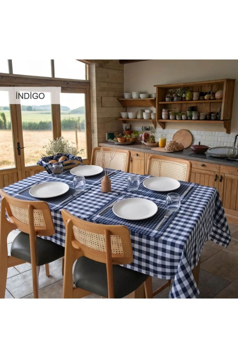 İyi Geceler %100 Pamuklu Happy Days Minimal Doğal Ahşap Ekmek Sepetli Sofra Ve Piknik Seti 7 Parça - İndigo