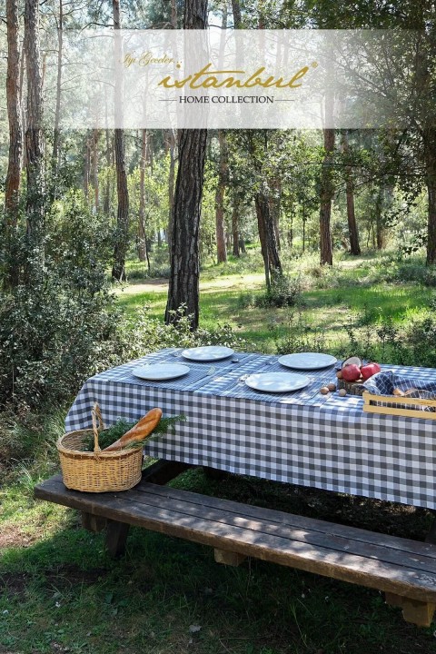 İyi Geceler %100 Pamuklu Happy Days Minimal Doğal Ahşap Ekmek Sepetli Sofra Ve Piknik Seti 7 Parça - İndigo