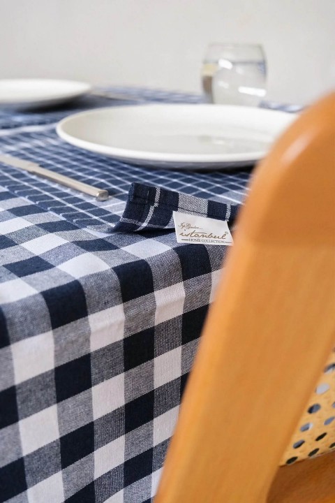 İyi Geceler %100 Pamuklu Happy Days Minimal Doğal Ahşap Ekmek Sepetli Sofra Ve Piknik Seti 7 Parça - İndigo