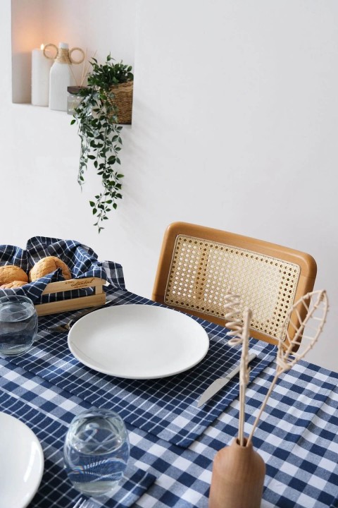 İyi Geceler %100 Pamuklu Happy Days Minimal Doğal Ahşap Ekmek Sepetli Sofra Ve Piknik Seti 7 Parça - İndigo