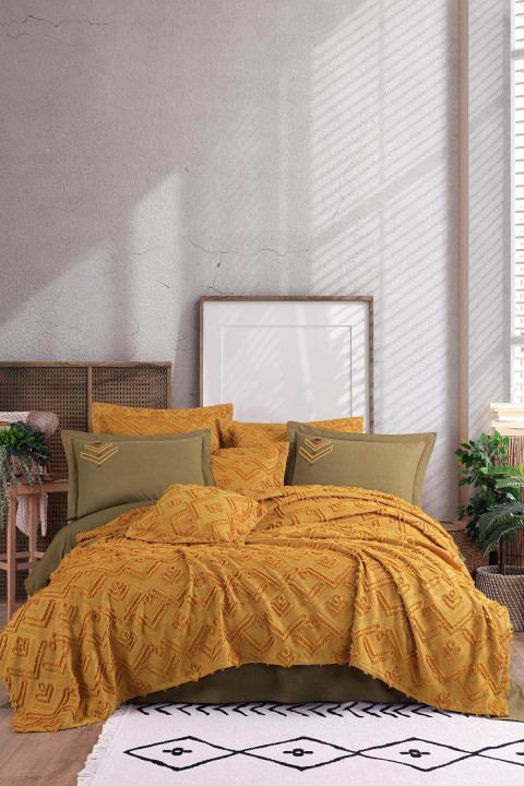 İyi Geceler Aztech Çift Kişilik Yatak Örtüsü Seti - Hardal