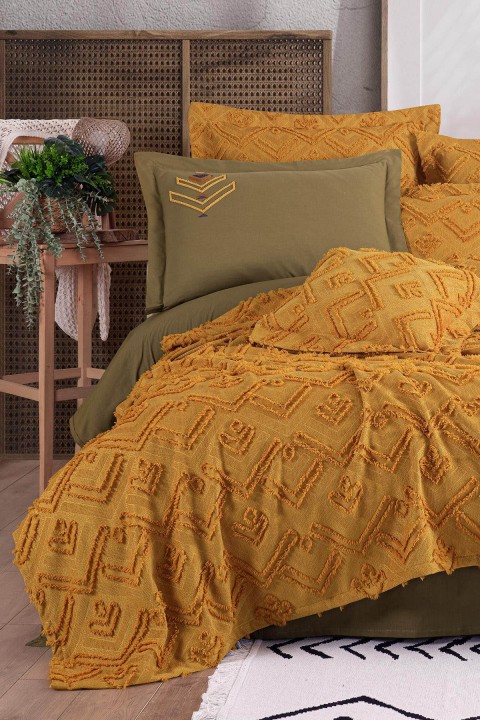 İyi Geceler Aztech Çift Kişilik Yatak Örtüsü Seti - Hardal