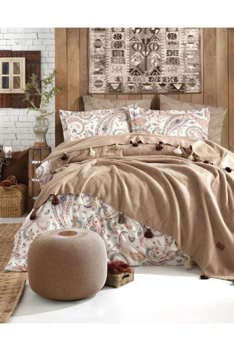 İyi Geceler Babil %100 Pamuklu Natural Çift Kişilik 7 Parça Nevresimli Müslin Pike Takımı - Cappucino