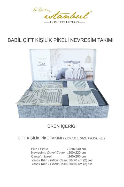 İyi Geceler Babil %100 Pamuklu Natural Çift Kişilik 7 Parça Nevresimli Müslin Pike Takımı - Haki