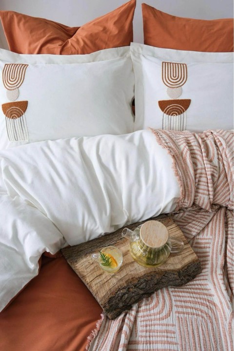 İyi Geceler Babil %100 Pamuklu Natural Çift Kişilik 7 Parça Nevresimli Müslin Pike Takımı - Kiremit