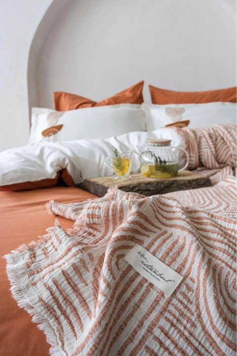 İyi Geceler Babil %100 Pamuklu Natural Çift Kişilik 7 Parça Nevresimli Müslin Pike Takımı - Kiremit