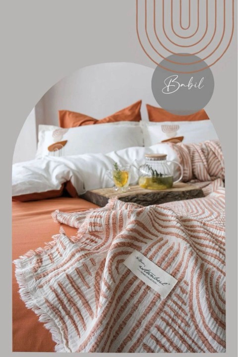 İyi Geceler Babil %100 Pamuklu Natural Çift Kişilik 7 Parça Nevresimli Müslin Pike Takımı - Kiremit