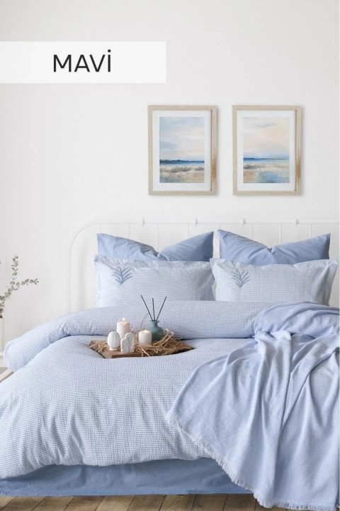 İyi Geceler Maribell %100 Pamuklu Çift Kişilik 7 Parça Pikeli Nevresim Takımı Mavi - Mavi