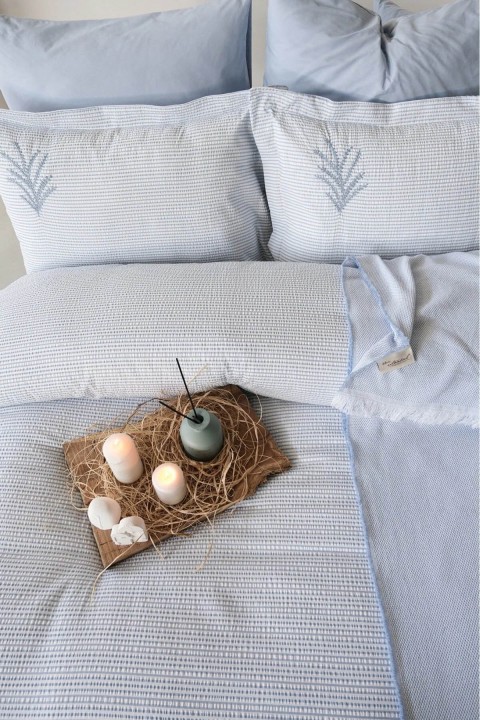 İyi Geceler Maribell %100 Pamuklu Çift Kişilik 7 Parça Pikeli Nevresim Takımı Mavi - Mavi