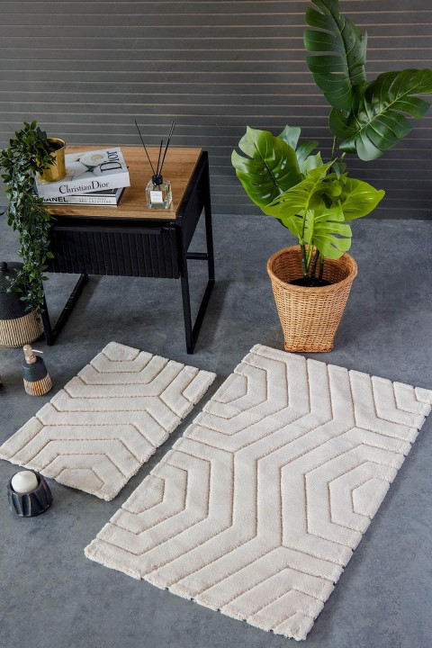 İyi Geceler Plaid %100 Pamuk Viskon 2 Parça Banyo Paspas Seti - Bej