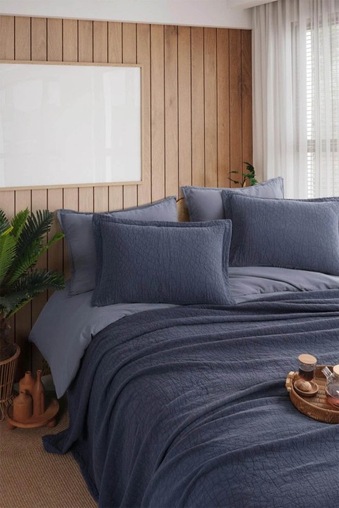 İyi Geceler Zen Stone Çift Kişilik %100 Pamuk Yatak Örtüsü Seti - İndigo