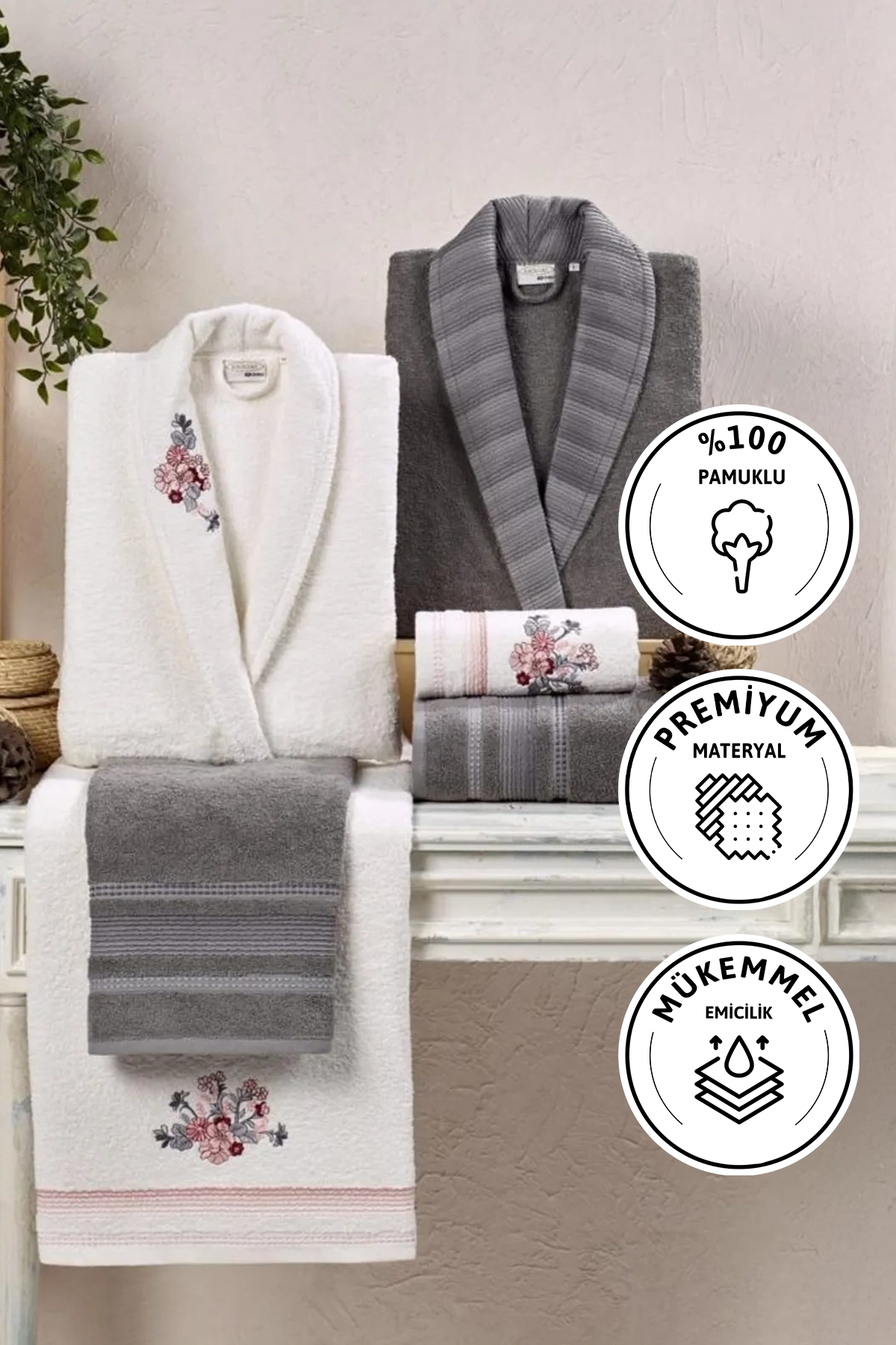 Kristal Soft Cotton Nakışlı 6 Parça Aile Bornoz Takımı - Antrasit - Ekru