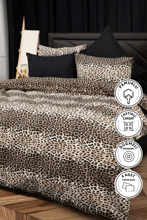 Leopar Desenli Lastikli Çarşaflı Çift Kişilik Nevresim Takımı