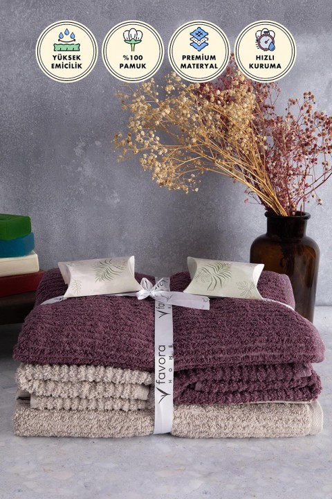 Line %100 Pamuk Luxury 6 Parça Havlu Hamam Seti - Bej Mürdüm