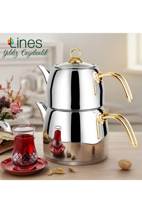 Lines Yıldız Paslanmaz Çelik Çaydanlık Altın Kulp-Aile Boy