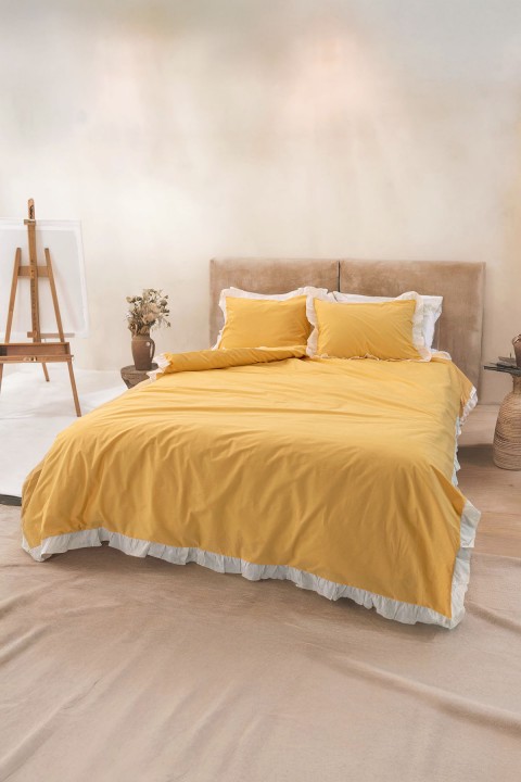 Lunaris Premium %100 Pamuk Fırfırlı Çift Kişilik Nevresim Takımı - Sarı