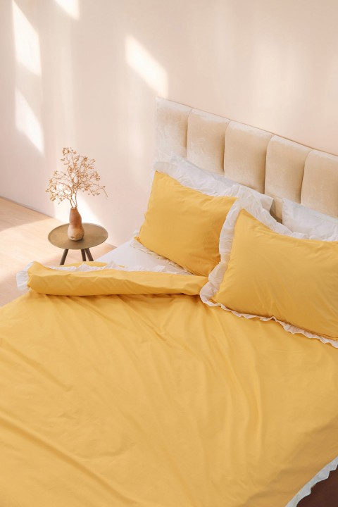 Lunaris Premium %100 Pamuk Fırfırlı Çift Kişilik Nevresim Takımı - Sarı