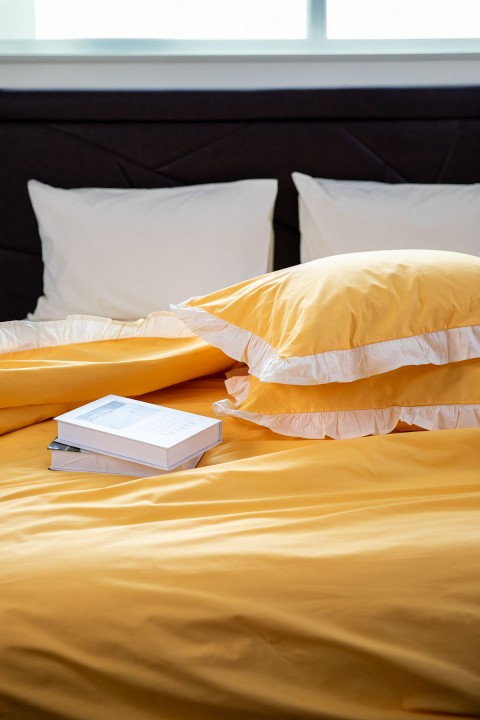 Lunaris Premium %100 Pamuk Fırfırlı Çift Kişilik Nevresim Takımı - Sarı