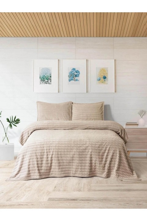 Merinos Modern Line Twist 3 Parça Çift Kişilik Battaniye Seti - Vizon