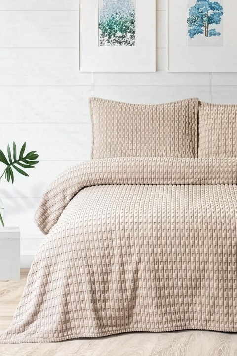 Merinos Modern Line Twist 3 Parça Çift Kişilik Battaniye Seti - Vizon