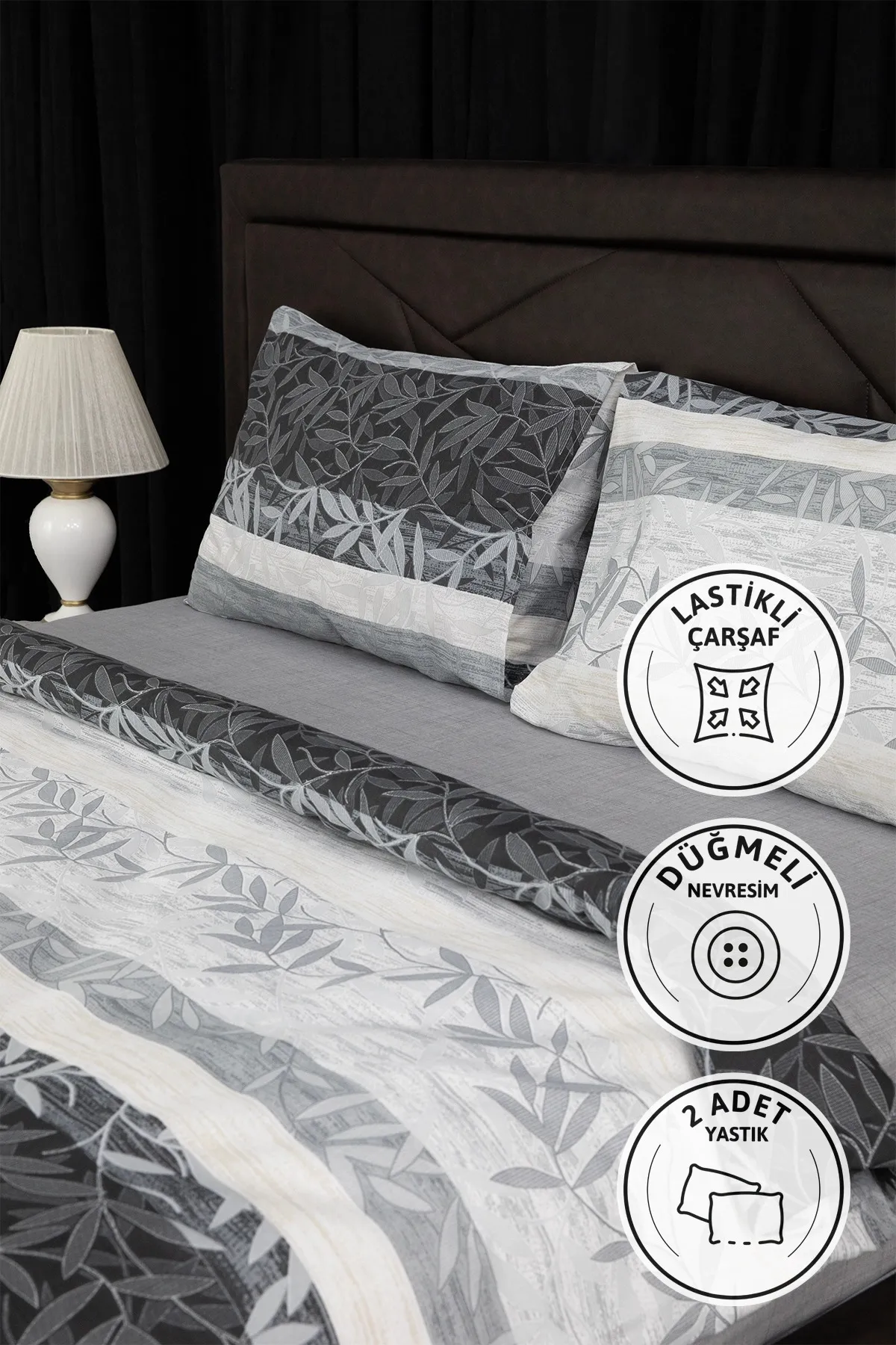 Natura Lastikli Çarşaflı Çift Kişilik Nevresim Takımı - Gri