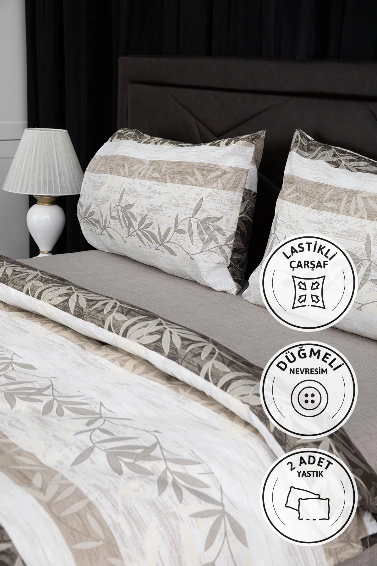 Natura Lastikli Çarşaflı Çift Kişilik Nevresim Takımı - Vizon