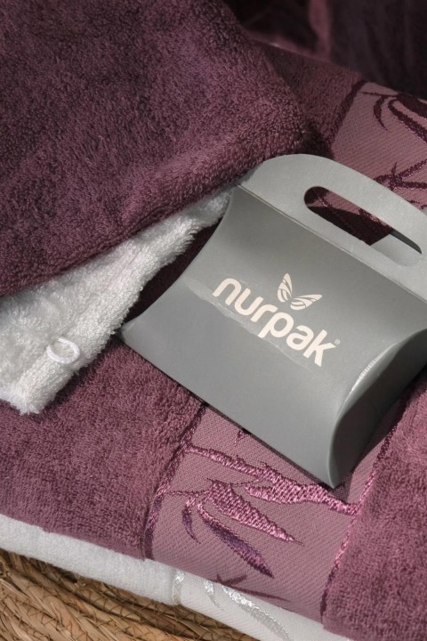 Nurpak Bamboo Aile Bornoz Seti - Krem - Mürdüm