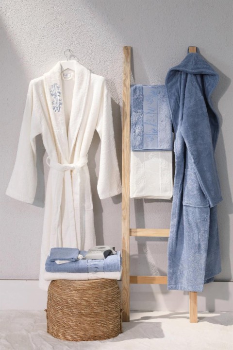 Nurpak Bamboo Aile Bornoz Seti - Mavi - Ekru