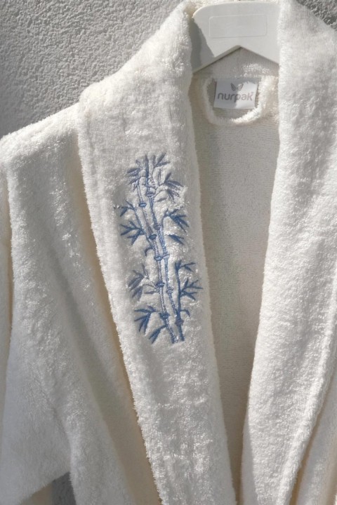 Nurpak Bamboo Aile Bornoz Seti - Mavi - Ekru