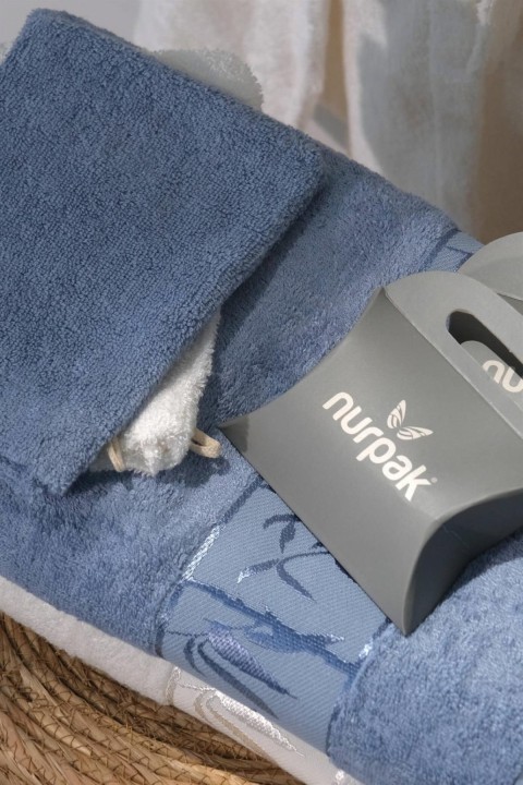Nurpak Bamboo Aile Bornoz Seti - Mavi - Ekru