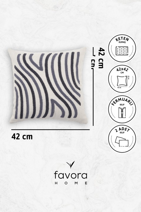 Ocean Keten Punch Nakışlı 2'li Kırlent Kılıfı 42x42 - Antrasit