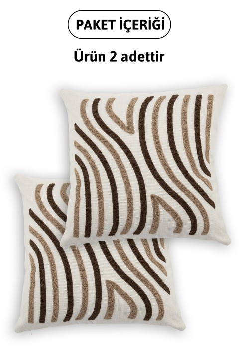 Ocean Keten Punch Nakışlı 2'li Kırlent Kılıfı 42x42 - Kahverengi