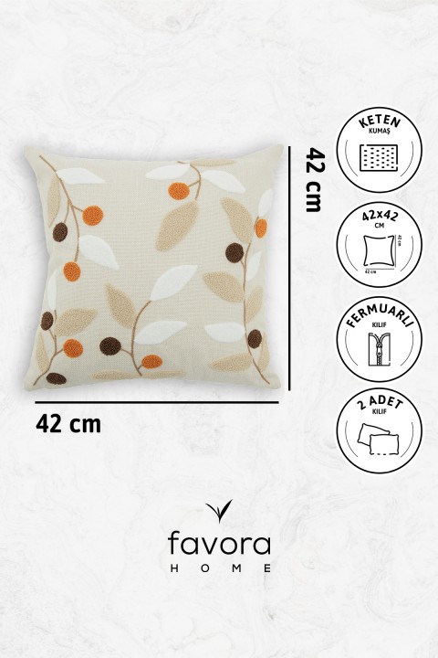 Olivya Keten Punch Nakışlı 2'li Kırlent Kılıfı 42x42 - Kiremit