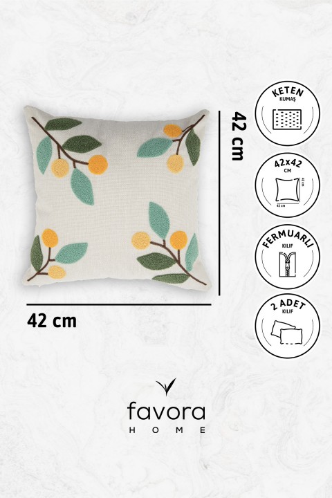 Olivya Keten Punch Nakışlı 2'li Kırlent Kılıfı 42x42 - Yeşil