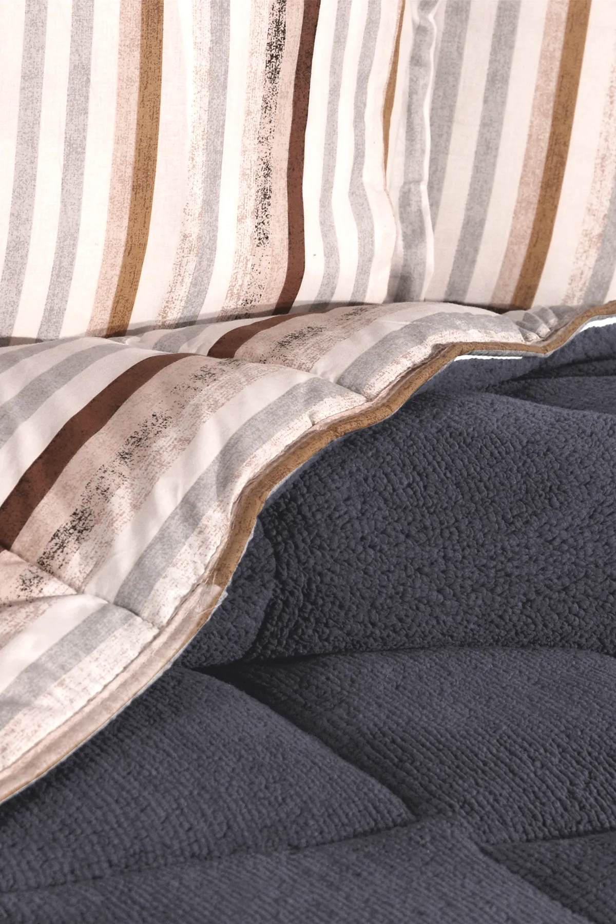 Oso Blanco Sherpa Çift Kişilik Comforter Uyku Seti -  Antrasit