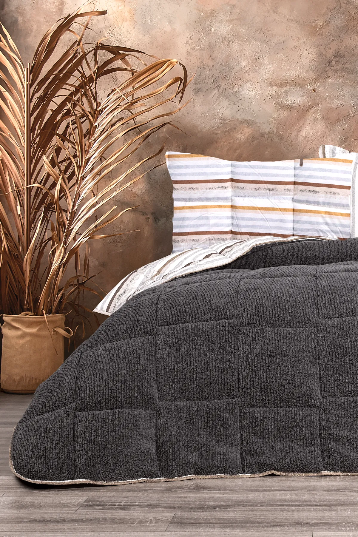 Oso Blanco Sherpa Çift Kişilik Comforter Uyku Seti -  Antrasit