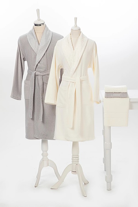 Camellia Happy Aile Bornoz Seti - Gri - Krem Camellia Happy Aile Bornoz Seti - Gri - Krem