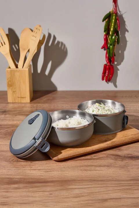 Penguen 2 Katlı Yemek Sefer Tası - Gri