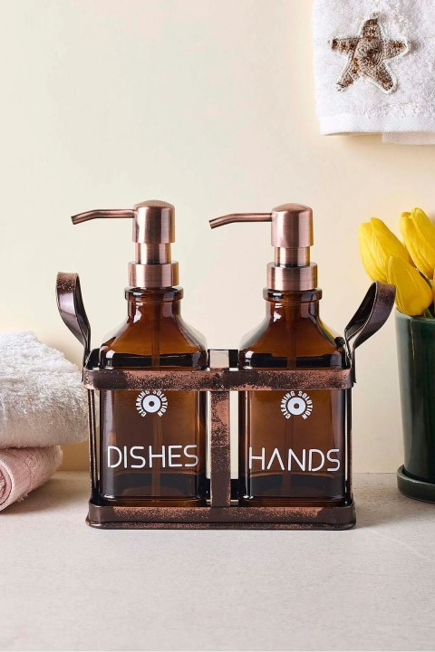 Perotti 18055 Rame Eskitme Metal Standlı Retro 2'li Sıvı Sabunluk 500 ml - Amber 