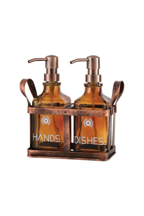 Perotti 18055 Rame Eskitme Metal Standlı Retro 2'li Sıvı Sabunluk 500 ml - Amber 