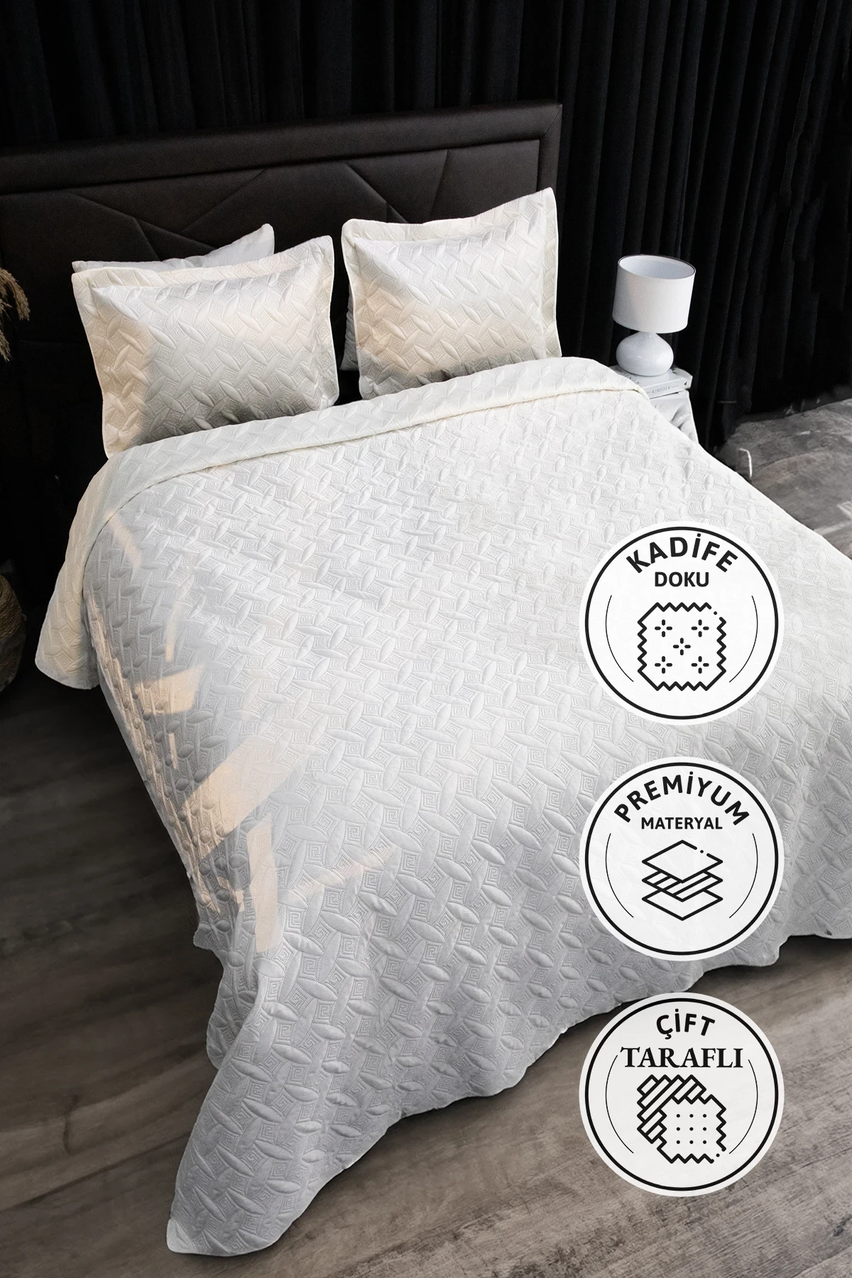 Queen Kadife Çift Kişilik Yatak Örtüsü - Krem